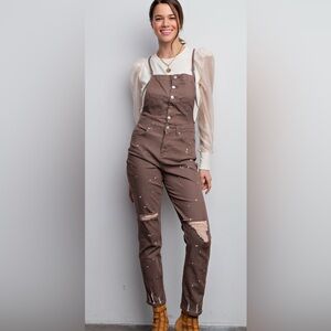 Easel Brown Distressed Women's Overalls